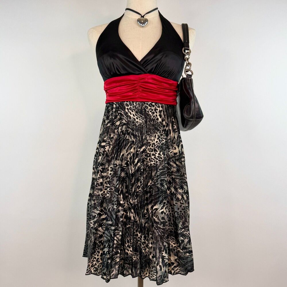 B.Darlin Fairy Y2K Black/Red Halter Mini Pleated Dress w/ Animal Print Size 3/4